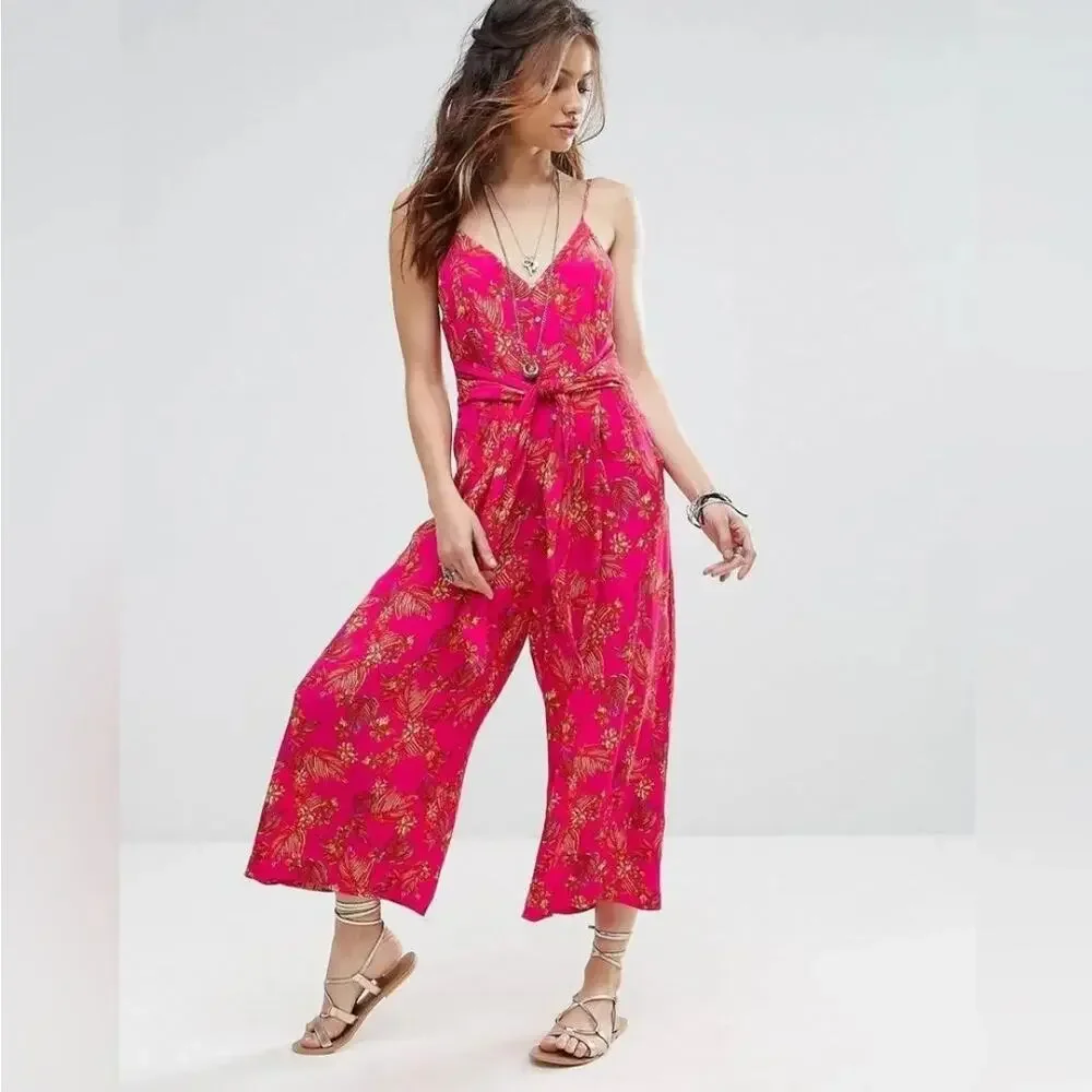 Free People Size 2 Hot Pink Tropical Floral Jumpsuit